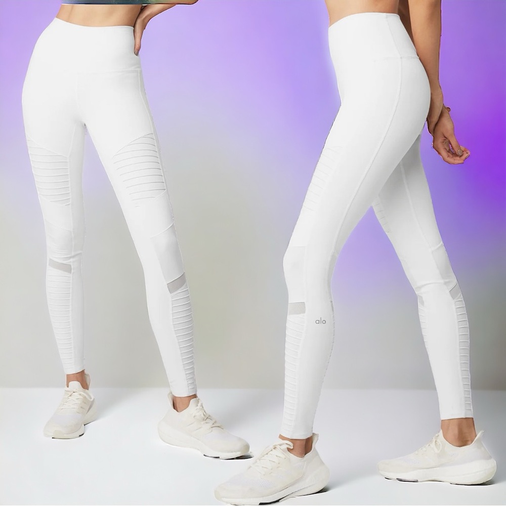 Alo Yoga Mesh Moto Yoga Leggings High Waist White Glossy Women's Size XS - Picture 9 of 9
